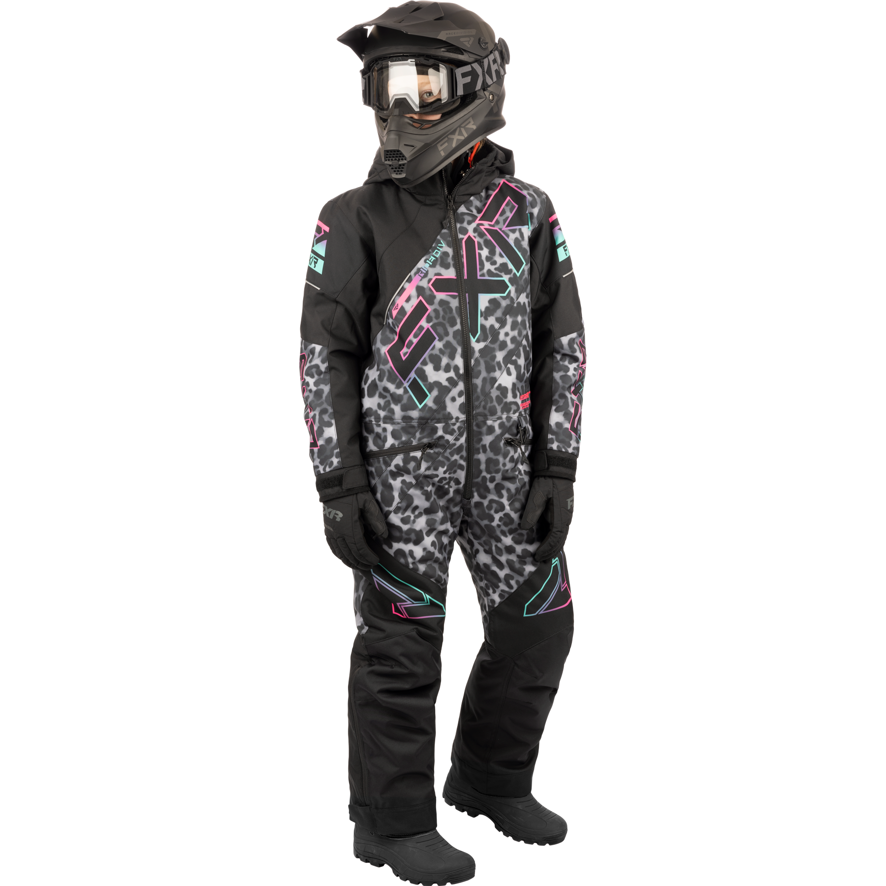 Onepiece FXR Child/Youth CX, Black Cheetah/Mint E-pink