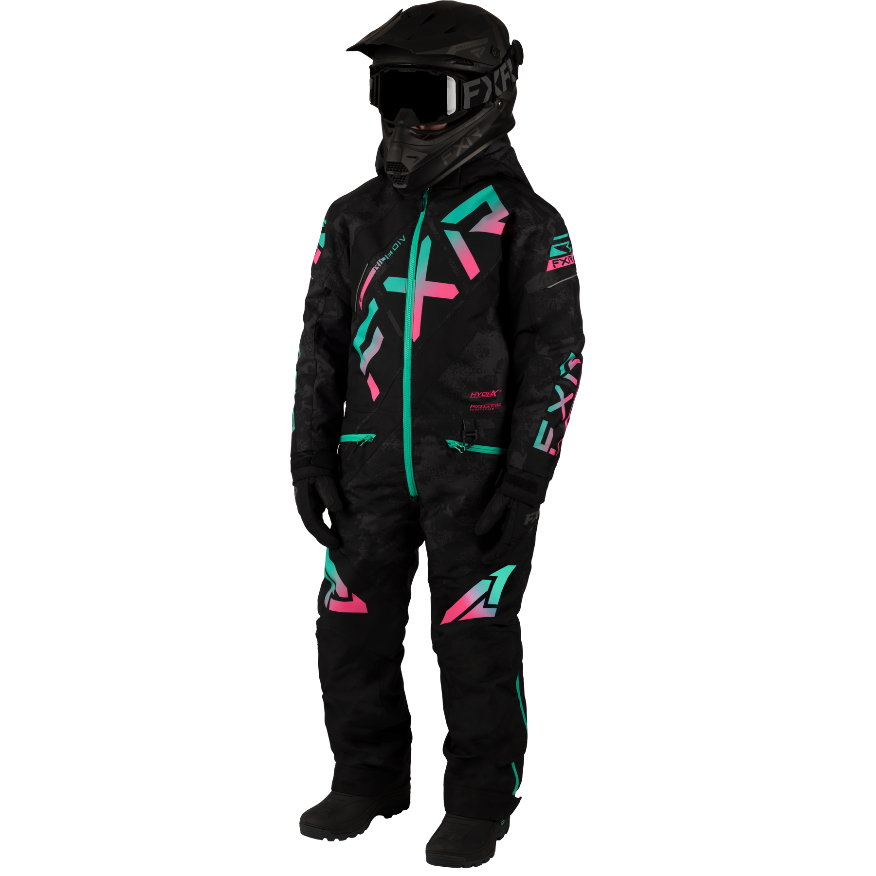 Onepiece FXR Child/Youth CX, Black Camo/Mint Electric Pink Fade